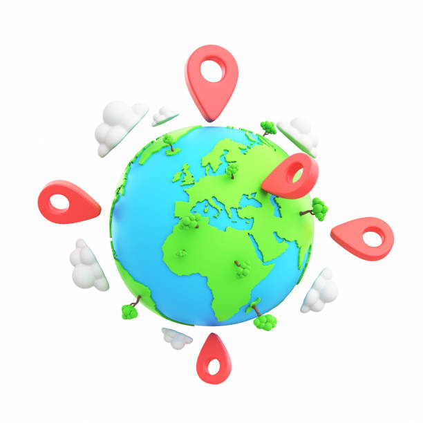 Planet Earth with clouds and trees surrounded by red map pin icon. Concept of tourism and travel. 3d rendering