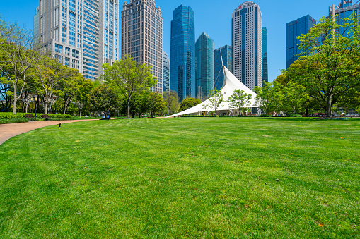 Shanghai, China - April 5th 2021: Scenic View Of Trees On Grassland and financial buildings in sunny day，people walking in the park