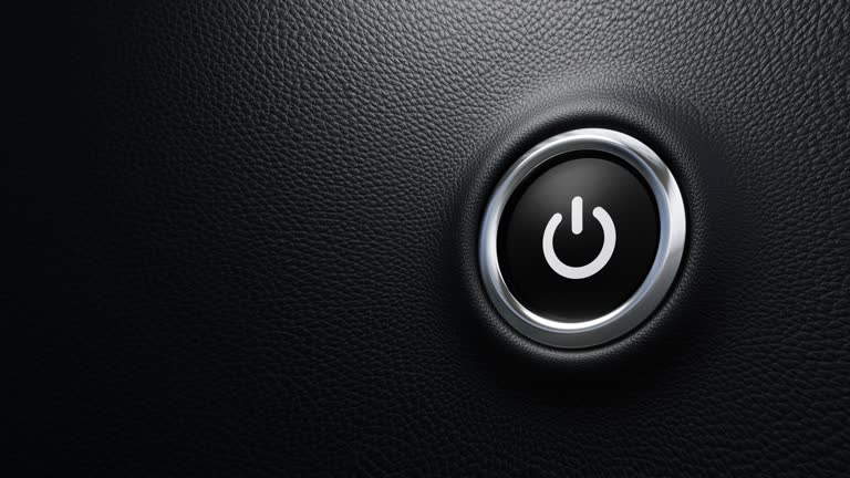 Push power button. Start, off and on concept. Modern car button with power sign and blue light. 4k 3d loop animation