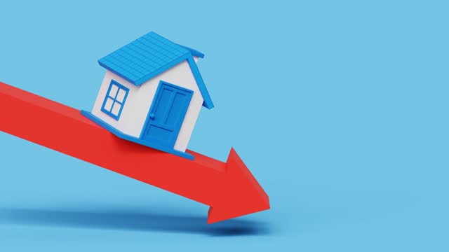 Housing market is falling. Housing Crisis, Low prices. Home Finances, Recession. Concept of decreasing or slumping home prices and value or a real estate bust. House on downward arrow 4k 3d animation