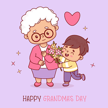 Happy grandma's day. Cute holiday grandma with with little boy grandson with bouquet flowers. Vector illustration cartoon flat style.