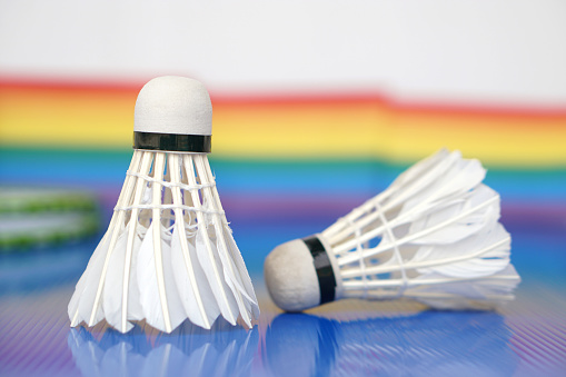 Badminton shuttlecock, sport equipments. Concept, sport, exercise, recreation activity for good health. Popular sport for all genders and LGBTQ+ worldwide.