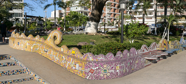 Puerto Vallarta, Jalisco, Mexico - 15 January 2024: The Lazaro Cardenas park in Puerto vallarta is also known as the Mosaic Tile Park