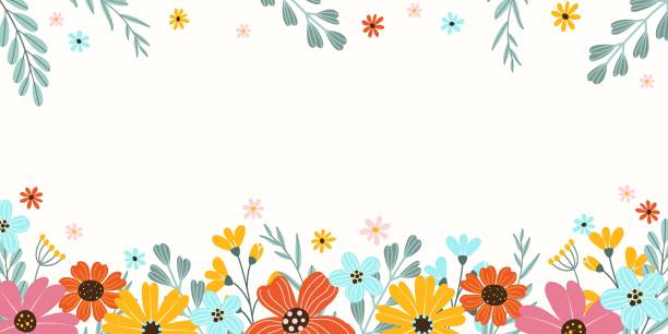 Spring rectangular festive banner on white background with place for text in flat vector style. Hand drawn big colorful flowers, branches. Holiday seasonal floral template. Spring rectangular festive banner on white background with place for text in flat vector style. Hand drawn big colorful flowers, branches. Holiday seasonal floral template. april stock illustrations