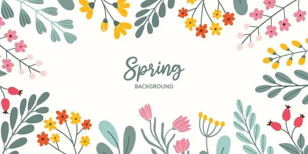 Vector illustration of Spring rectangular festive banner on white background with place for text in flat vector style. Hand drawn blossom flowers, branches, berries. Holiday seasonal floral decoration.