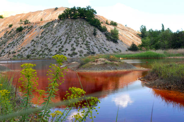 銅の尾鉱からの重金属による赤色汚染水 - tailings container environment pollution ストックフォトと画像