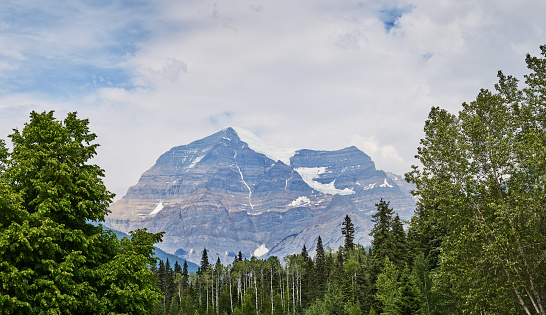 Scenic view through a forest of year round snow-covered mountain peaks and clouds on a sunny day in summer