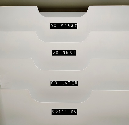 Document drawer organizer with labels DO FIRST DO NEXT DO LATER DON'T DO, concept of time management skills, knowing priority of tasks, difference between important and urgent tasks