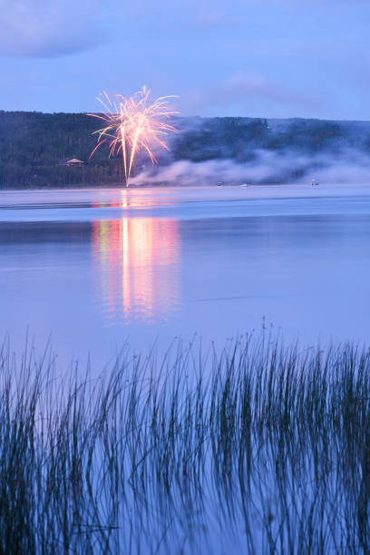 Colorful fireworks exploding over a lake in scenic countryside at dusk during a public holiday