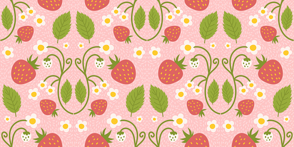 Seamless pattern design featuring strawberries, adorable berries, flowers, green leaves. Recurring surface design suitable for kitchen apparel, textiles, wrapping paper, and various applications.