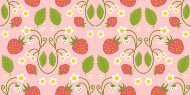Vector illustration of Seamless pattern design featuring strawberries, adorable berries, flowers, green leaves. Recurring surface design suitable for kitchen apparel, textiles, wrapping paper, and various applications.