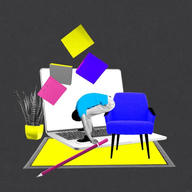 stress management and wellness in workplace. Man working on laptop remotely and feeling tired. Contemporary art collage. Concept of work from home, freelance jobs, business