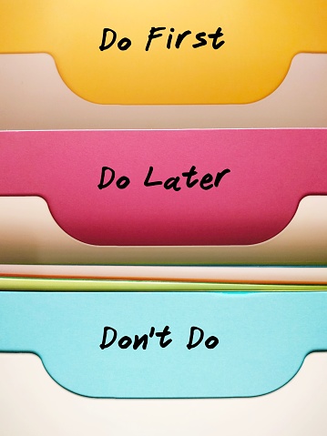 Document folders organizer with labels DO FIRST DO LATER DON'T DO, concept of time management skills, knowing priority of tasks, difference between important and urgent tasks