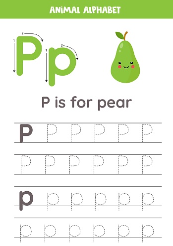 Fruit and vegetable alphabet writing for preschool kids. Letter P is for pear.