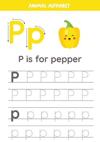 Fruit and vegetable alphabet writing for preschool kids. Letter P is for pepper.