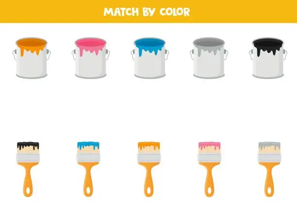 Vector illustration of Color matching game for preschool kids. Match paint cans and paint brushes by colors.