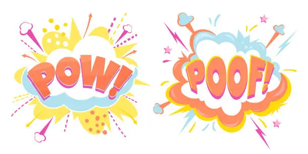 Vector illustration of Set of vector speech bubbles - pow, poof. Cartoon colorful explosions.