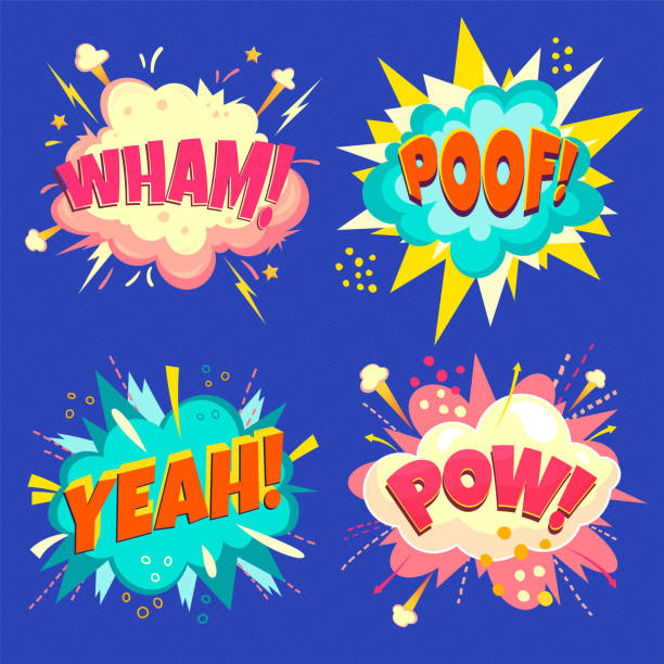 набор векторных речевых пузырей - пау, пуф, бам, да. мультяшные красочные взрывы на полутоновом фоне - comic book cartoon poof exploding stock illustrations