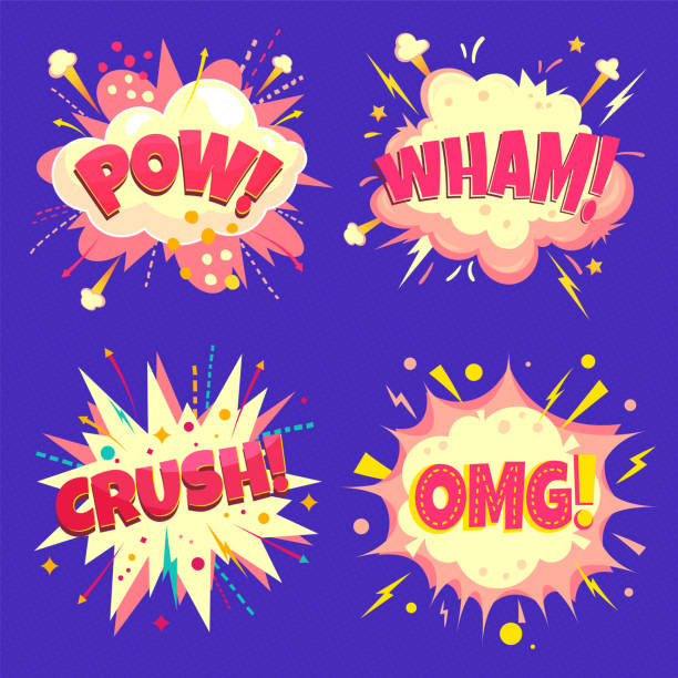 ilustrações de stock, clip art, desenhos animados e ícones de set of vector speech bubbles - pow, poof, crush, yeah. cartoon colorful explosions on halftone background - comic book cartoon poof exploding