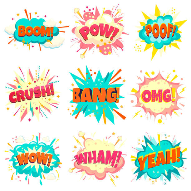 ilustrações de stock, clip art, desenhos animados e ícones de big vector set of speech bubbles - pow, boom, poof, crush, bang, omg, wow, wham, yeah. cartoon explosions isolated on white background. - comic book cartoon poof exploding