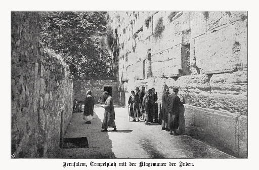 Historical view of the Temple Square in Jerusalem, Israel, with the Wailing Wall of the Jews. Halftone print based on a photograph, published in 1899.