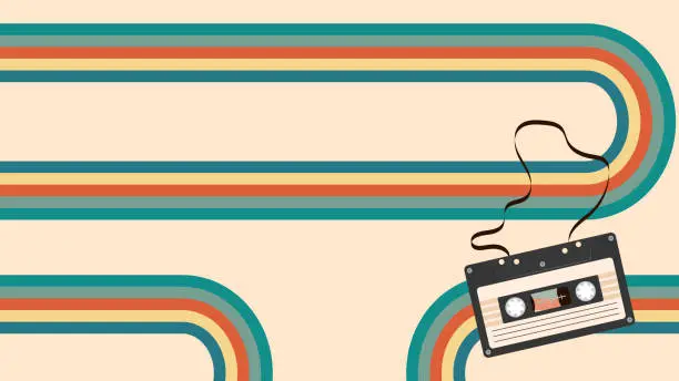 Vector illustration of Retro background with audio cassette and tape. 70s 80s style pattern.