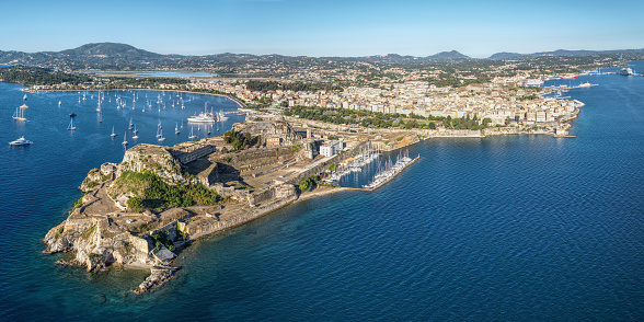A panoramic photo from the East of the Old Fortress of Corfu. In the background is the Old City -- Liston, the Cricket Field and the Garista.