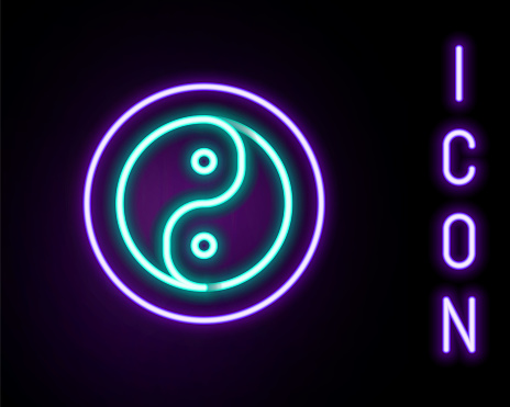 Glowing neon line Yin Yang symbol of harmony and balance icon isolated on black background. Colorful outline concept. Vector.