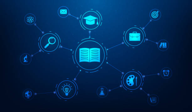 e learning vzdělávání online digitální technologie s ikonou na modrém pozadí. výuka na internetu a výuka se symbolem. koncept sítě znalostního učení. vektorové ilustrace plochý design. - knihovna školní budova stock ilustrace