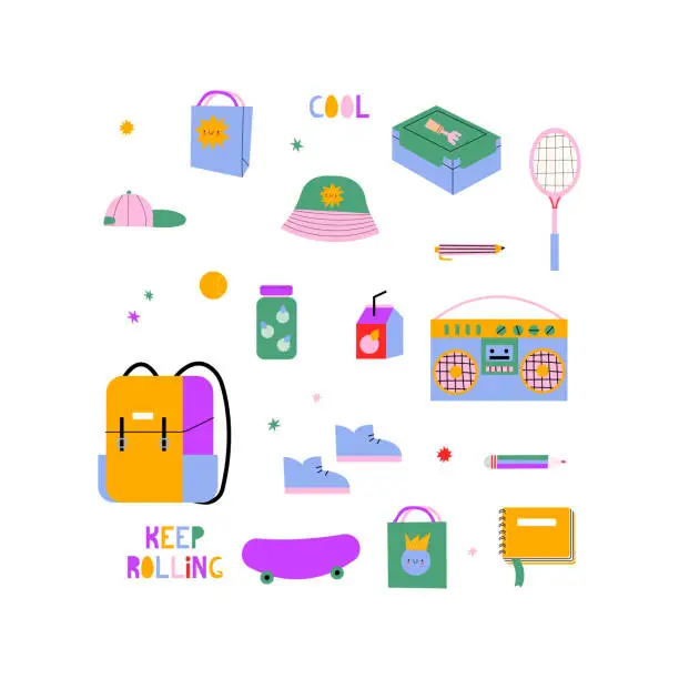 Vector illustration of Teenage things isolated. Panama hat, backpack, tape recorder, skateboard, badminton and more.