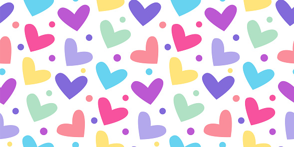 Colorful love heart shape with dots pastel colors seamless pattern. Pattern swatch ready in vector color swatch panel. Can be used for textile, fabric print, wallpaper-decor, wrapping paper, home decor, clothing. banner, cover, cards and more