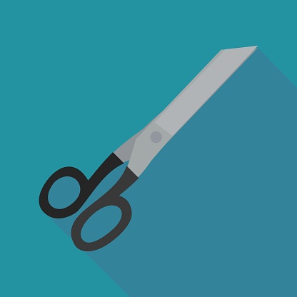 Metal designer scissors with black handle on a blue background (flat design)