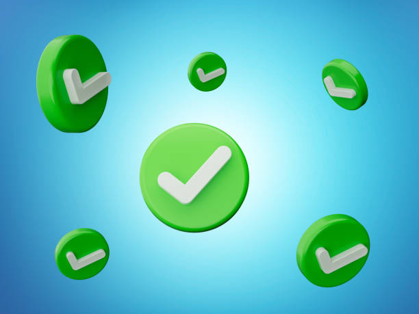 istock 3d shiny blue light with rounded green icon and white check mark on blue background 3d illustration 2065396732