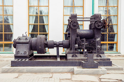 real old sheet-rolling cage of Neivo-Shaitansky plant from late nineteenth century. outdoor museum exhibit. Yekaterinburg, Russia 5.5.23