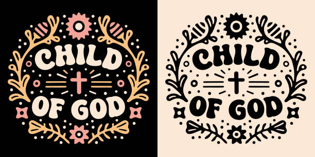 Child of god groovy lettering floral flowers round badge retro aesthetic for godly religious faithful blessed Christian girl text vector shirt design Child of god lettering illustration round badge. Quotes for godly religious faithful believer blessed Christian girls. Floral retro flowers aesthetic. Groovy text women shirt design and print vector. Worshipper stock illustrations
