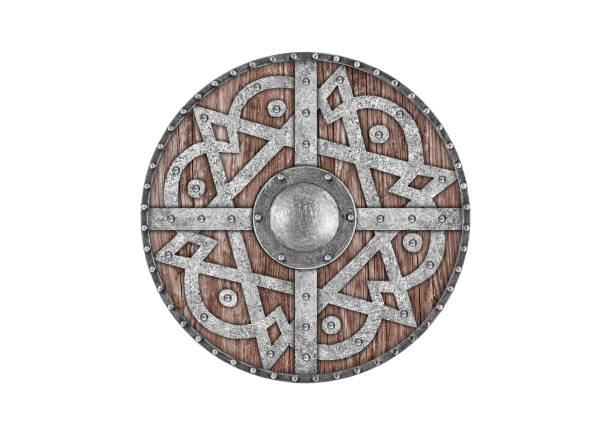 istock Old decorated wooden round shield isolated on white background 2065416249