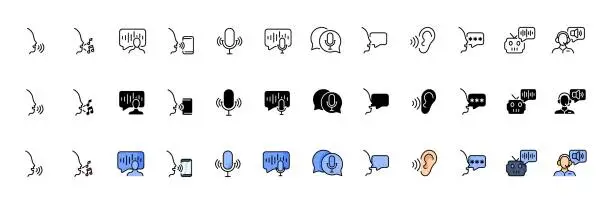 Vector illustration of Audio icon collection. Audio assistant icons. Linear, silhouette and flat style. Vector icons