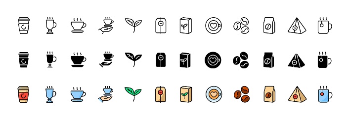 Coffee icons collection. Linear, silhouette and flat style. Vector icons