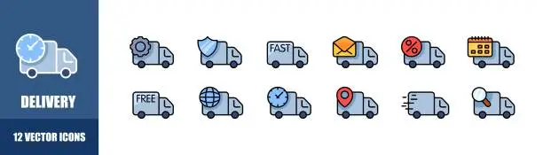 Vector illustration of Delivery truck icon set. Flat style. Vector icons