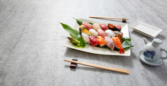 Sushi, Japanese food nigiri sushi photographed on gray background
