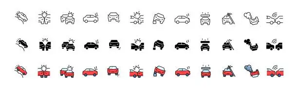 Vector illustration of Car crush icon collection. Crust set. Linear, silhouette and flat style. Vector icons