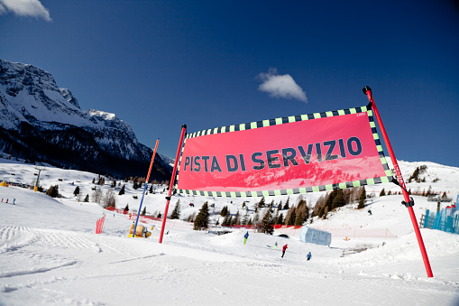 Sunny day in a snowy mountain, Passo San Pellegrino - Italy.