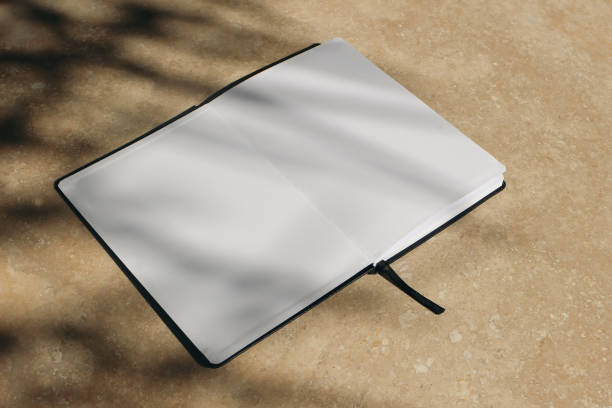 istock Tropical summer mockup. Open diary, book with black cover in sunlight. Blank pages. Harsh tree branches shadows. Beige marble stone texture, background. Holiday template. Flat lay, top view, no people 2065453913