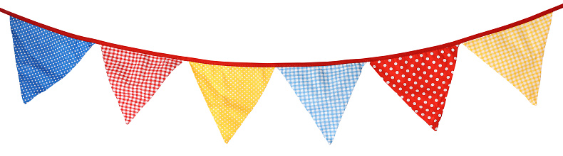 Bright colorful bunting garland. Party flags. Polka dot, checkered patterns. Birthday celebration, wedding anniversary. Holiday Festa Junina decor. Isolated overlay object. Banner on white background.