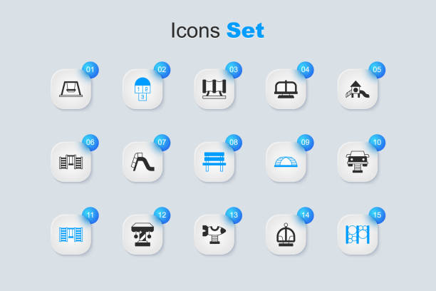 istock Set Attraction carousel, Slide playground, Hopscotch, Swedish wall, Playground climbing equipment, Swing, for kids and Bench icon. Vector 2065458668