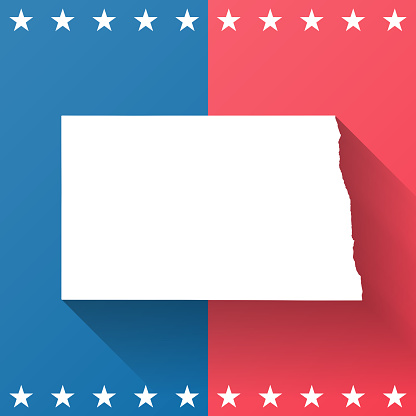 Map of North Dakota, on a blue and red colored background. The blue color represents the Democratic Party and the red color represents the Republican Party. White stars are placed above and below the map. Vector Illustration (EPS file, well layered and grouped). Easy to edit, manipulate, resize or colorize. Vector and Jpeg file of different sizes.