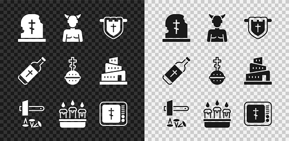 Set Grave with tombstone Krampus heck Flag christian cross Crucifixion of Jesus Christ Burning candle in candlestick Online church pastor preaching Holy water bottle and Christian icon. Vector.