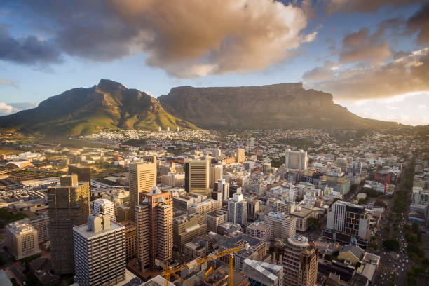 Aerial View of Cape Town City at sunset stock photo