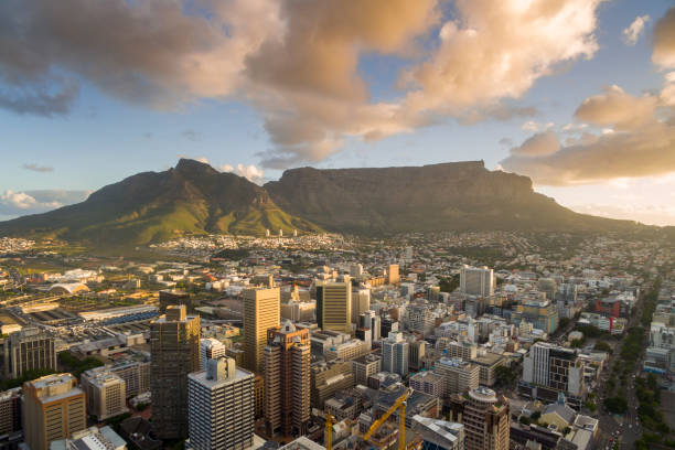 Aerial View of Cape Town City at sunset stock photo