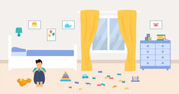 Vector illustration of Little Boy Crying And Covering His Face With His Hands. Childhood Problems, Insecurity And Loneliness Concept. Child's Room Interior With Bed, Dresser And Colorful Toys